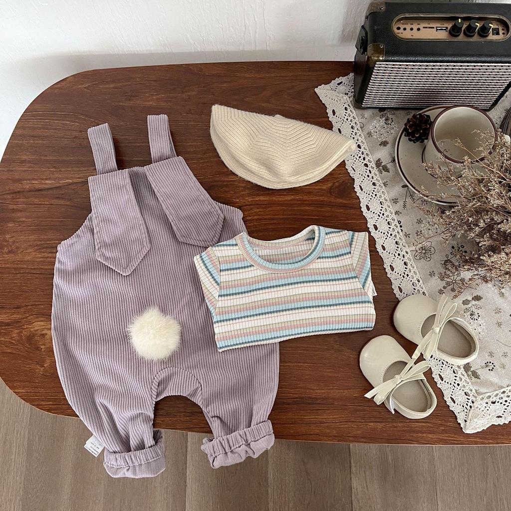 Baby Girl Spring/Autumn Rabbit Romper & Overalls Set: Fashionable Infant Two-Piece Outfit
