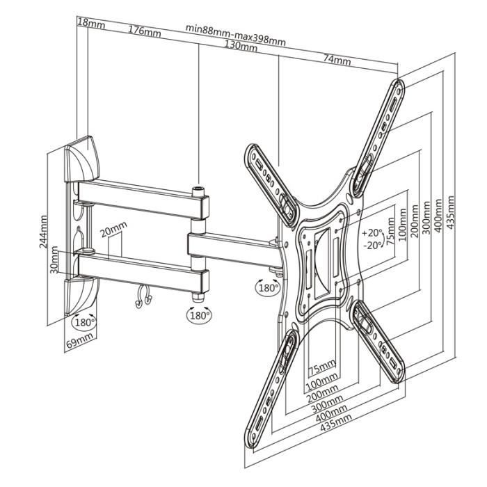 Support mural plat TooQ - Extensible 40cm - VESA 400x400 - 30kg max - Noir
