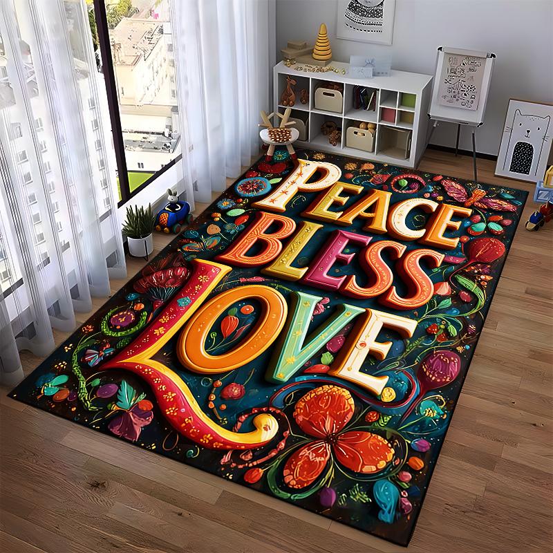 Colorful Carpet with "Peace Bless Love" Text and Floral Design Suitable for use as an anti-slip for living room bedroom sofas