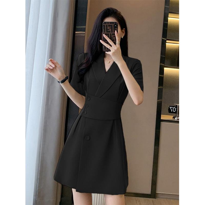 Летнее новое элегантное модное платье с талией для офисной леди, женское платье с коротким рукавом, темпераментное однотонное платье, праздничные платья, женская одежда