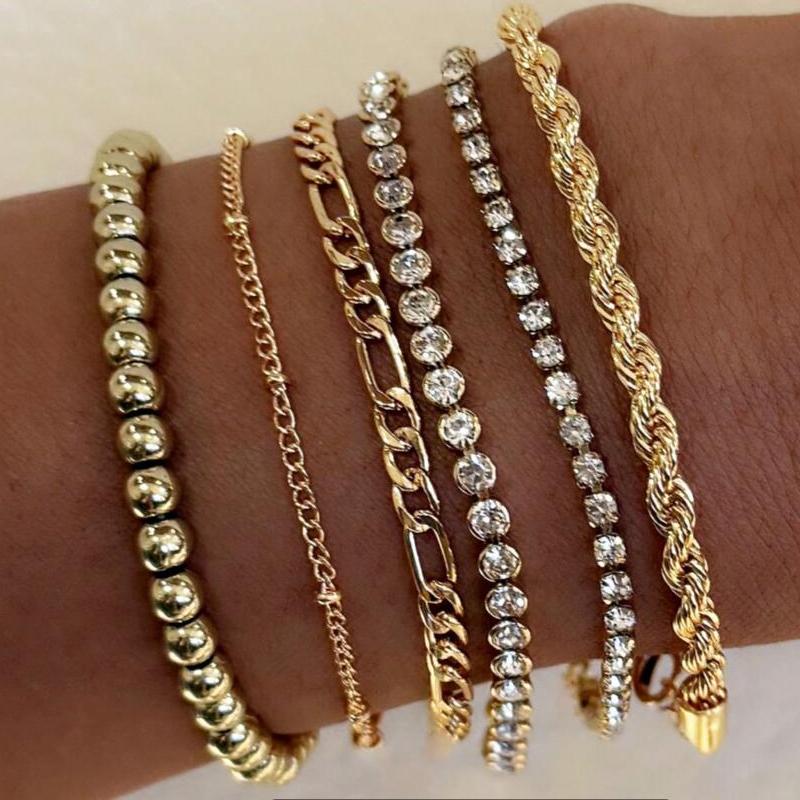 6pcs Vintage Punk Zircon Metal Chain Bracelet Set for Women Beaded Twist Design Multi-Layer Bracelets Daily Wear Jewelry Gifts
