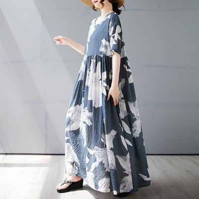 Летнее новое простое богемное длинное платье, расширенное и увеличенное, с короткими рукавами и круглым вырезом, с принтом, женская одежда