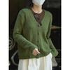 Весенний винтажный вязаный кардиган с V-образным вырезом, женский, с текстурой, свободный, простой, повседневный, с длинным рукавом, женский