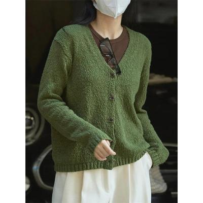 Весенний винтажный вязаный кардиган с V-образным вырезом, женский, с текстурой, свободный, простой, повседневный, с длинным рукавом, женский