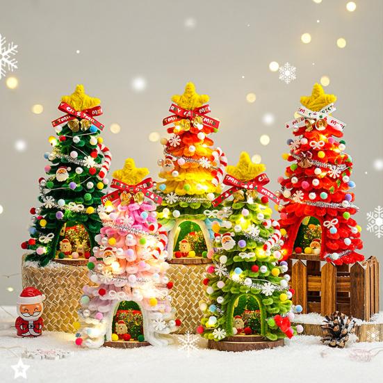 DIY Pipe Cleaners Christmas Tree Kit with String Light Twistable Plush Stick Xmas Tree Winter Bendable Fuzzy Stem Craft Kit for Holiday Home