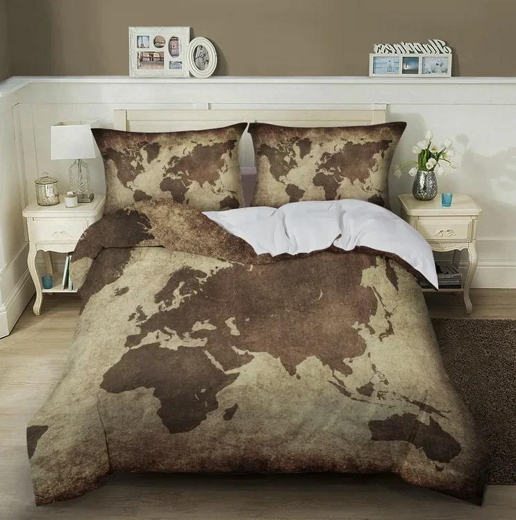 Комплект постельного белья с морской картой King Queen Brown в винтажном стиле Морская карта мира Компас Пододеяльник Карта океана Полиэстеровый чехол для одеяла