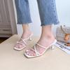 Fashion Eilyken 2024 New Summer Gold Slipper Low Heel Slides Female Peep Toe Square Heel Sandal Vacation Women Flip Flops Mujer Shoes