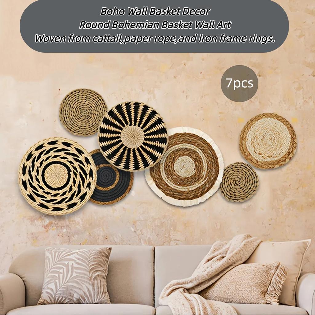7 pcs circular Bohemian woven wall basket decoration handmade woven wall decoration home hanging Bohemian wall decoration party