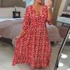 Summer V Neck Half Sleeve High Waist Pleated Beach Dress Women Floral Pattern Printed Bohemian Maxi Dress Loose Fit Holiday Dress