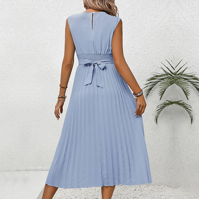 YYFS Women's Fashion Summer Spring Solid Color Print Sleeveless O-Neck High Waist Casual Dresses