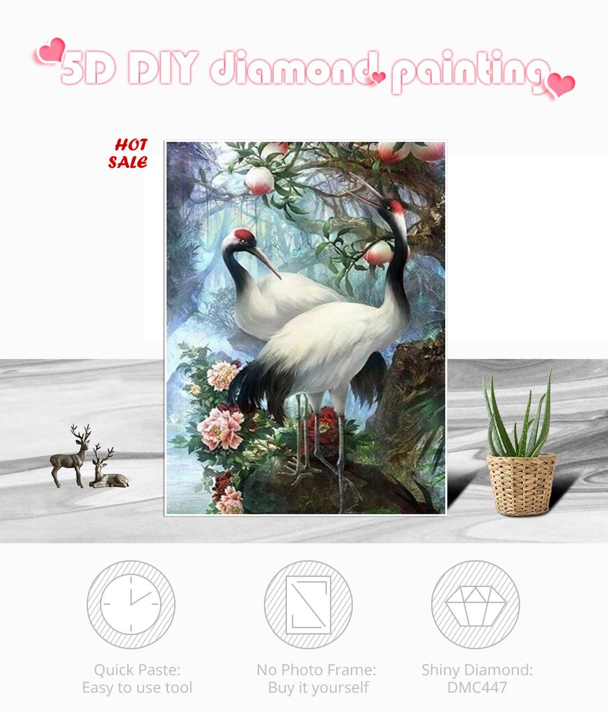 Huacan 3D Diamond Embroidery Red-crowned Crane Painting Cross-stitch Round Rhinestone Painting Wall Sticker