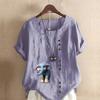 Women's New Fashion Linen Shirt Round Neck Short Sleeve Elephant Printed T-shirt Summer Ladies Casual Plus Size Blouse Tops