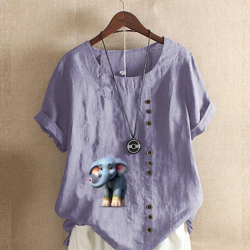 Women's New Fashion Linen Shirt Round Neck Short Sleeve Elephant Printed T-shirt Summer Ladies Casual Plus Size Blouse Tops
