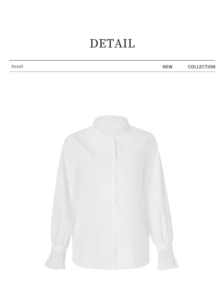 French White Women's Flare Sleeve Lace Top - Casual Long Sleeve Stand Collar Shirt