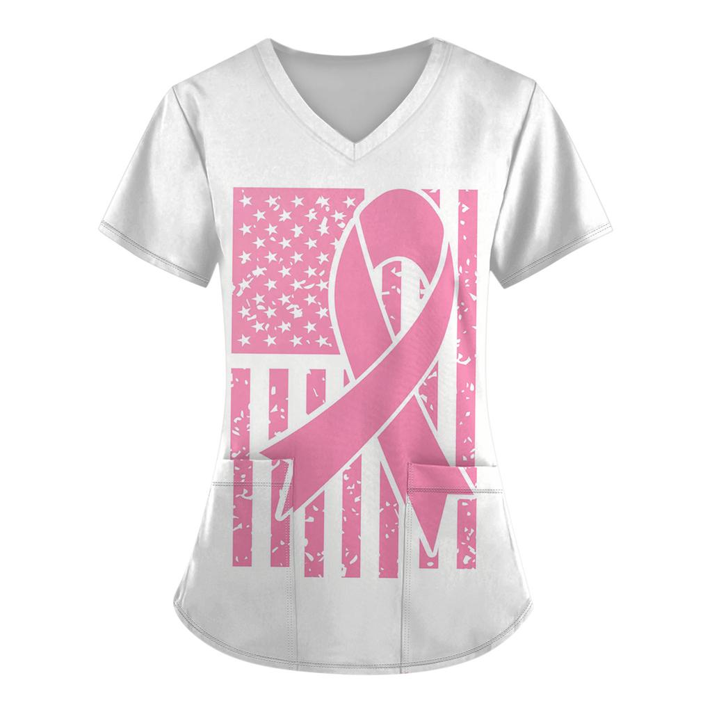 Женская модная рабочая одежда с v-образным вырезом и коротким рукавом с карманной футболкой с принтом.