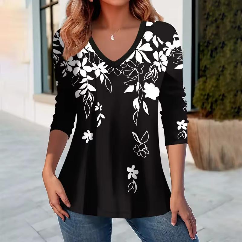 Женская футболка с цветочным графическим принтом, элегантная модная футболка, футболки с длинным рукавом, V-образный вырез, обычные топы, пуловер, осень-зима