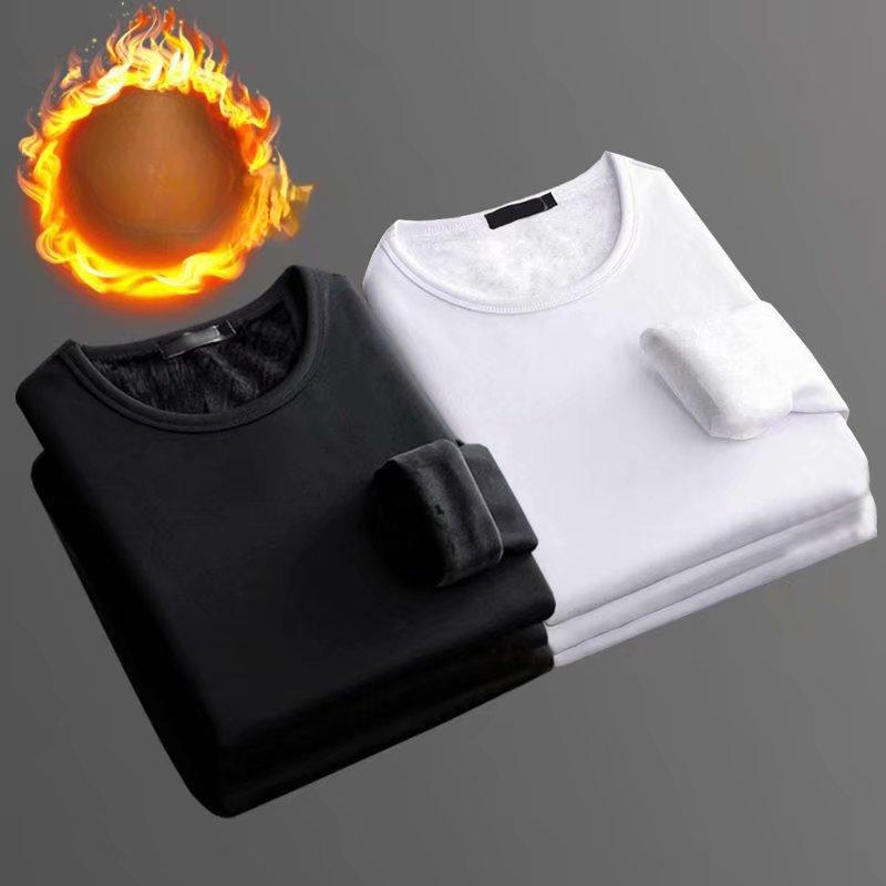 Мужская футболка с подкладкой из бархата, облегающая однотонная футболка с круглым вырезом и длинными рукавами, зимнее термобелье