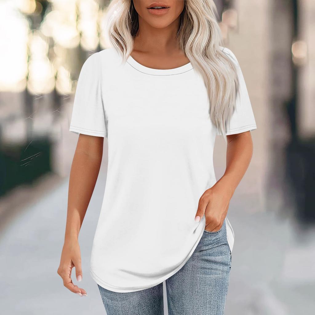 Women's Fashion Casual Solid Color Round Neck Short Sleeve T-shirt Tops