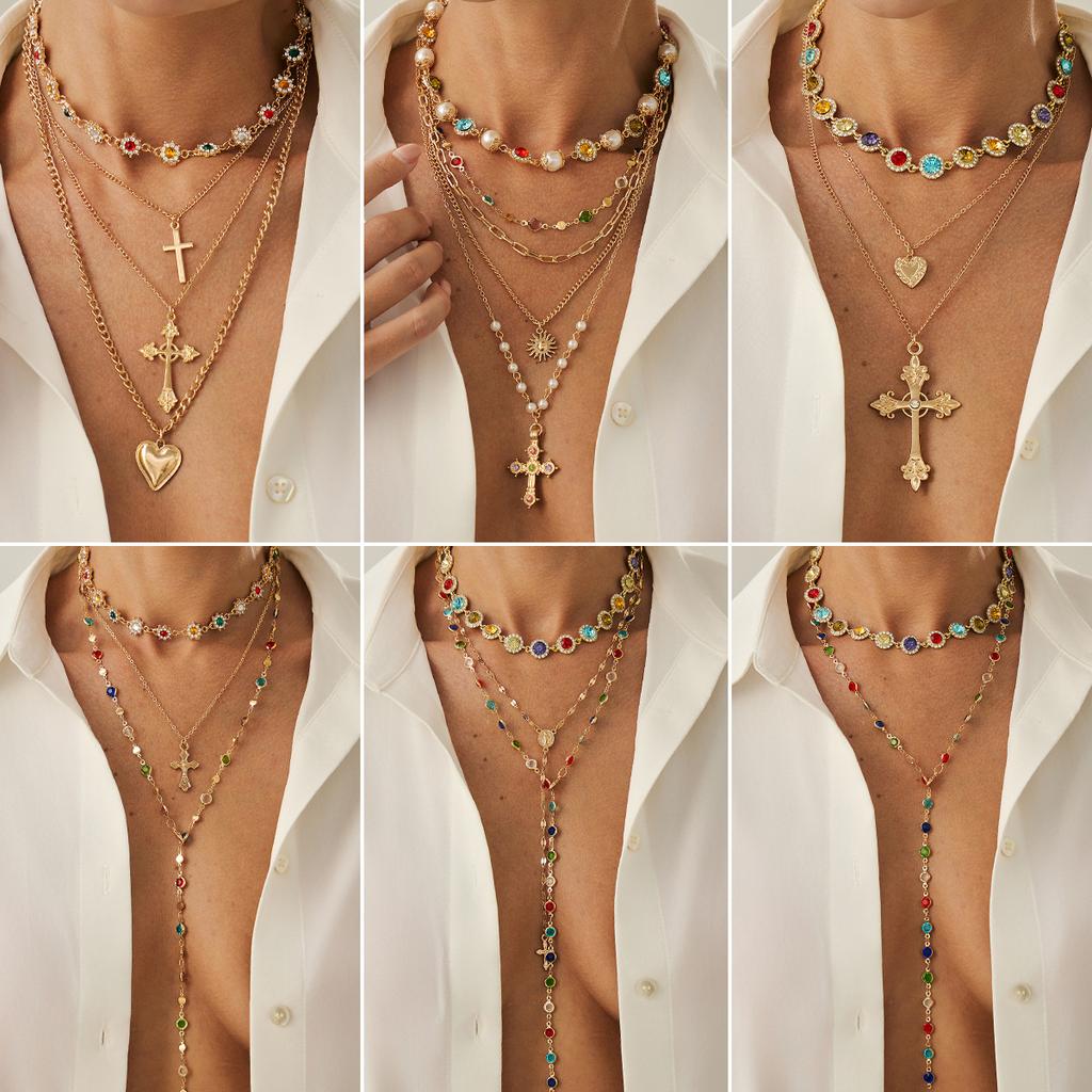 Хип-хоп ожерелье с подвеской-крестом, инкрустированной бриллиантами, Модное многослойное ожерелье с цепочкой-цветком из имитации жемчуга