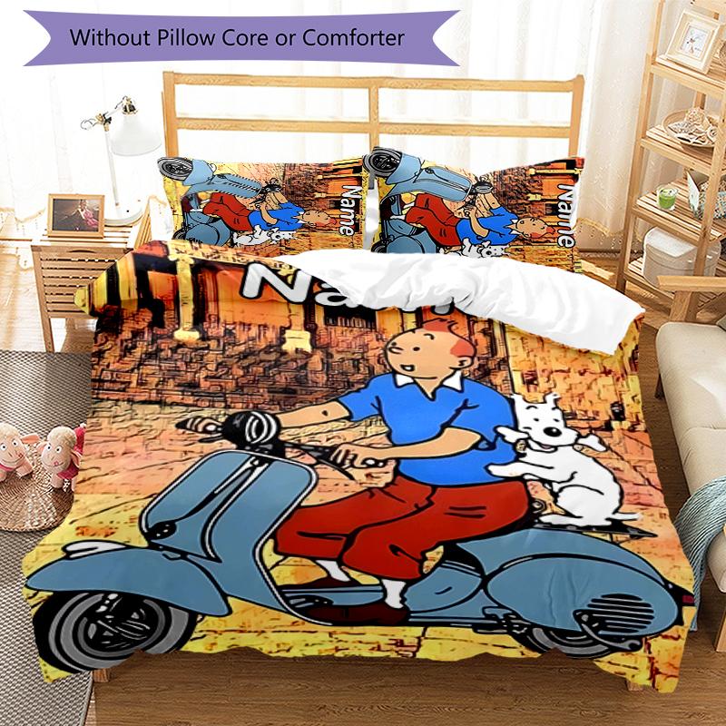 3pcs Custom Name The Adventures of Tintin Bedding Set Duvet Cover Closure Includes 1 Duvet Cover & 2 Pillowcases for All Seasons Bedroom Decor