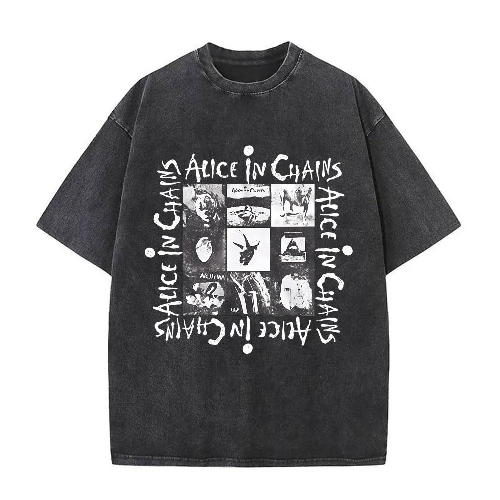 Washed Vintage Rock Band Alice in Chains Album Cover Graphic Print T-shirt Men's Women Gothic Punk Crewneck T Shirts