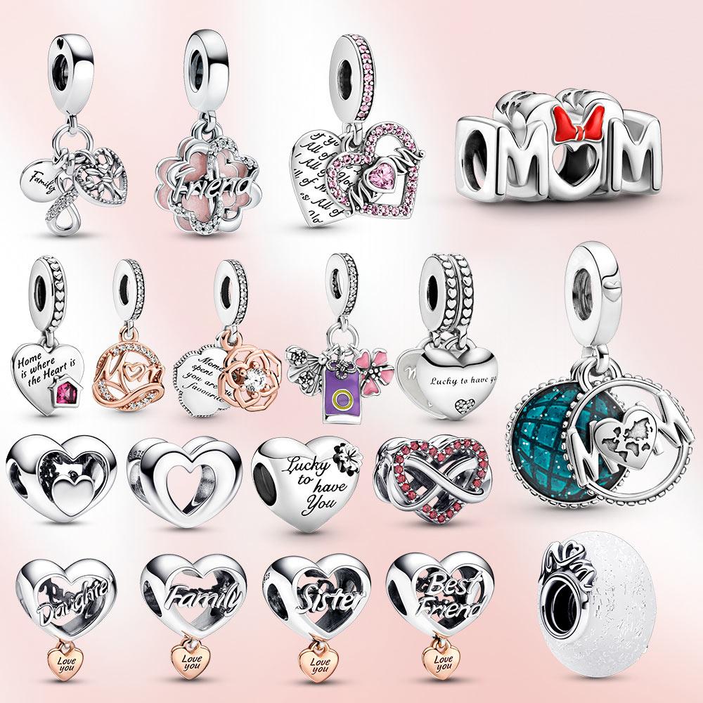 Новый шарм S925 из стерлингового серебра с сердцем из бисера, подвеска для мамы, подходит для оригинального браслета, женские модные украшения, подарок для любви
