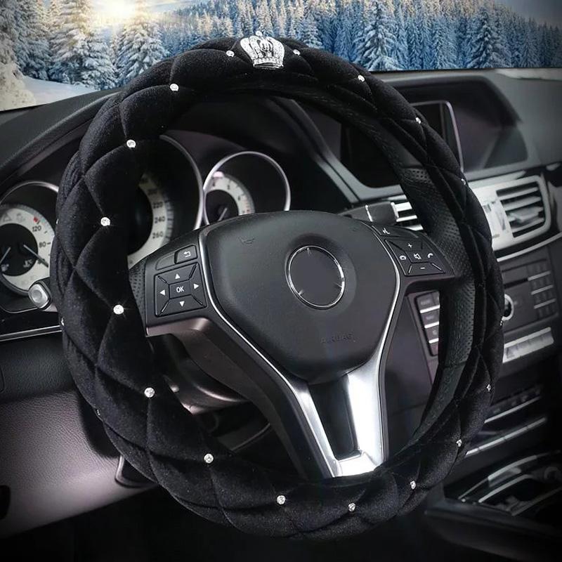 Зимний чехол на руль автомобиля Diamond Crystal Crown Plush Fur Steering-Roll Cases Auto Interior Accessories For Women Girls