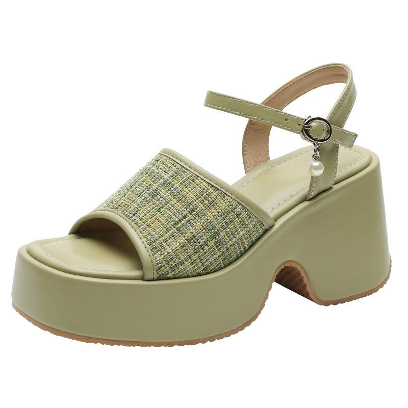 Platform sandals women's summer new slope heel waterproof table small man heightened 7CM one-word buckle open-toe strap Roman shoes