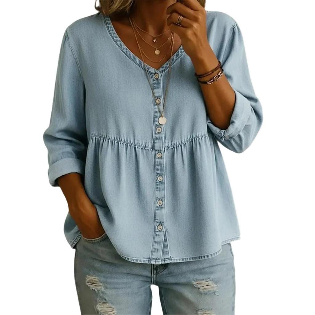 Women’s Loose Fit Denim Button Down Blouse Long Sleeve Casual Peplum Top with V Neck and Front Pocket Design