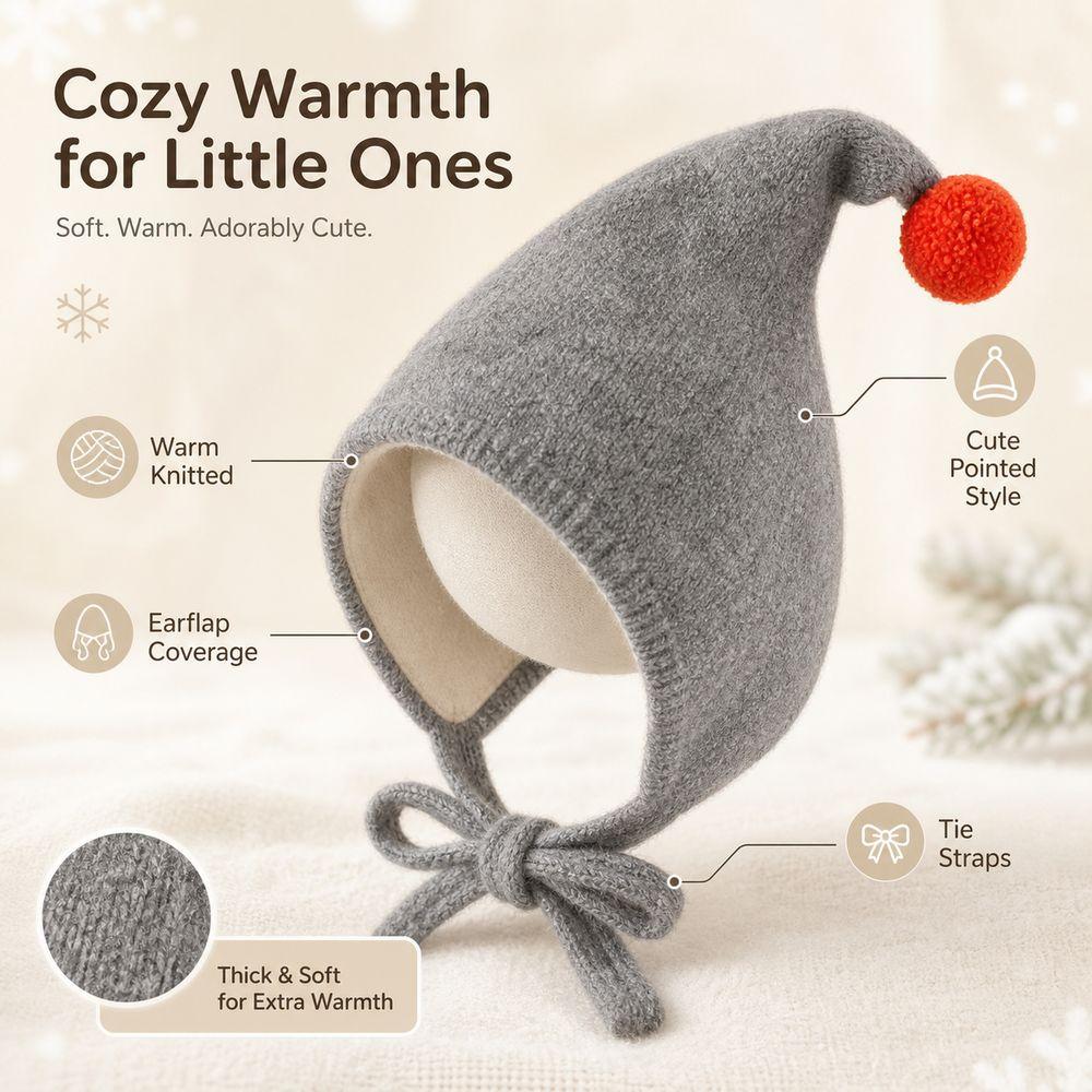 Adjustable Tie Straps Kids Knit Hat Full Ear Coverage Pom Pom Bonnet  Cold Weather Wear