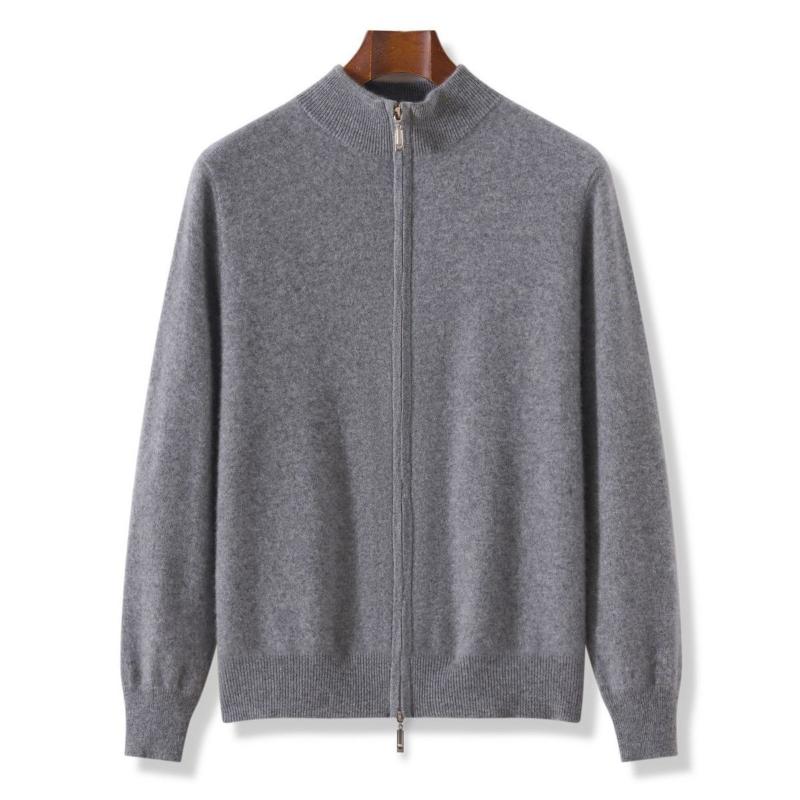 Повседневный вязаный кардиган с воротником-стойкой, мужская одежда, стильная застежка-молния, осень-зима, винтажный, однотонный, базовый, с длинным рукавом, свитера