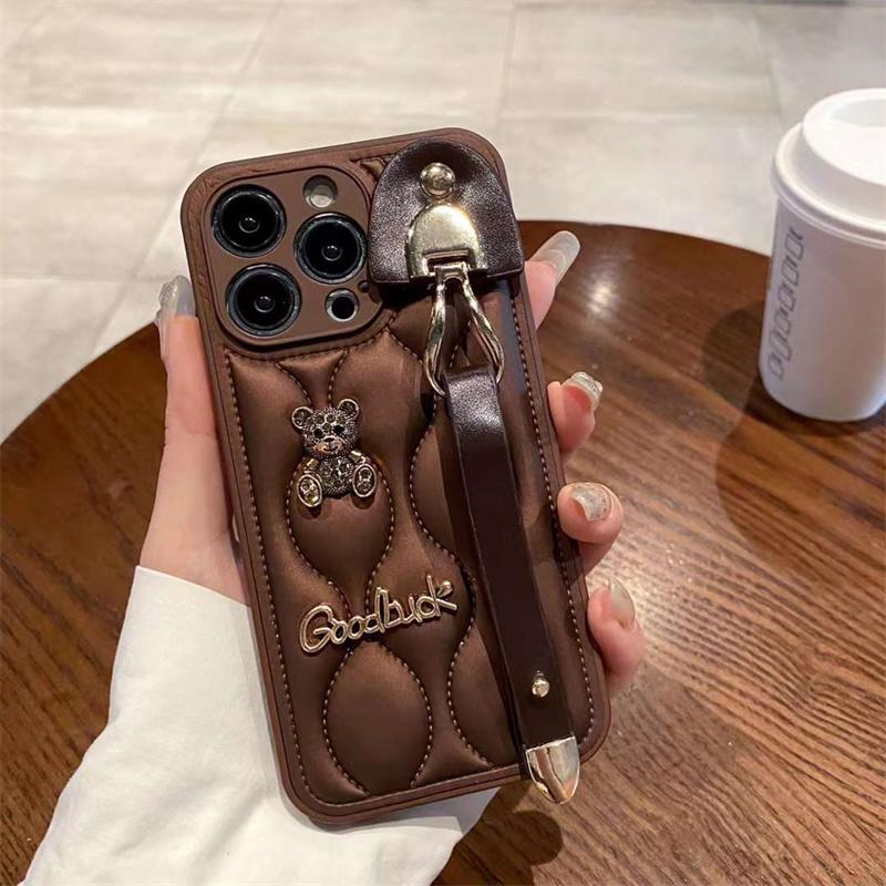 Cute Bear Wristband Down Jacket Phone Case For iPhone 16 15 14 13 12 11 Pro Max Korea Soft Cover
