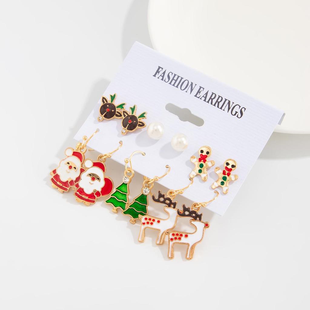 Christmas Reindeer & Santa Claus Stud Earring Set - Festive Cartoon Snowflake Bell Design for Women