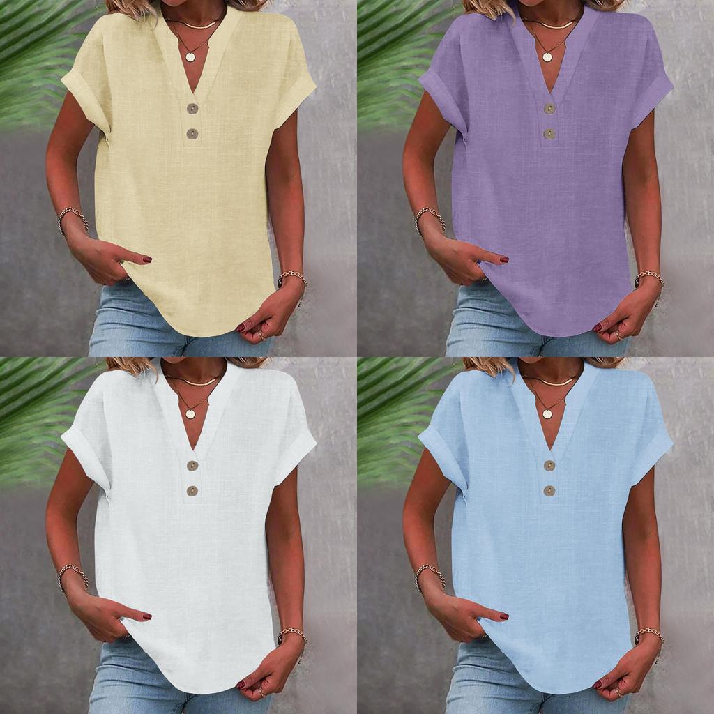 Summer Women Shirt With Stand Collar Short Sleeve Cotton Blended Fabric For Casual Wear