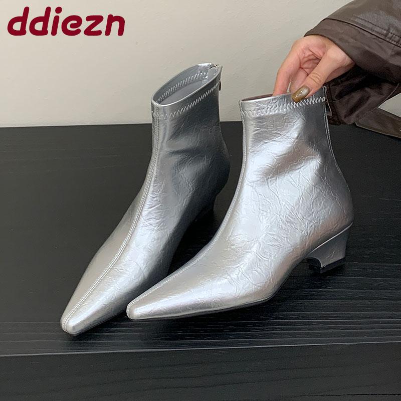 Fashion Silver Female Low Heel Women Ankle Stretch Boots Zippers Fashion Pointed Toe Ladies Modern Short Boots Pumps Shoes