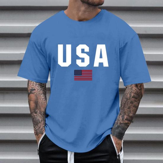 Men T-shirt Round Neck Short Sleeve Slim Fit Tee Shirt USA Pattern Versatile Tee Tops Running Fitness Tops Daily Wear