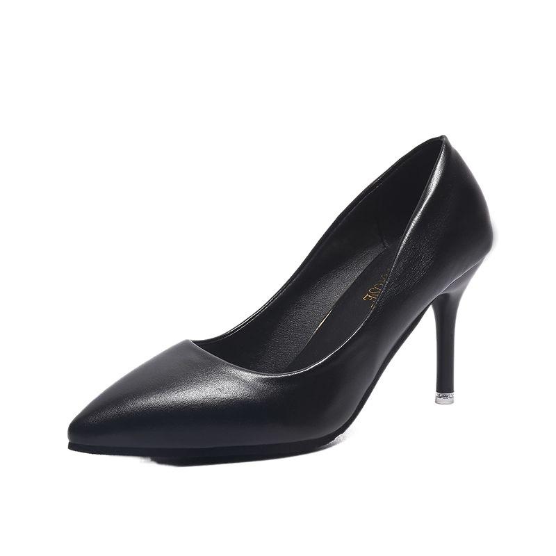 Весна и осень Мягкая кожаная женская профессиональная обувь Черные кожаные туфли Женские туфли с острым носком на высоком каблуке-шпильке