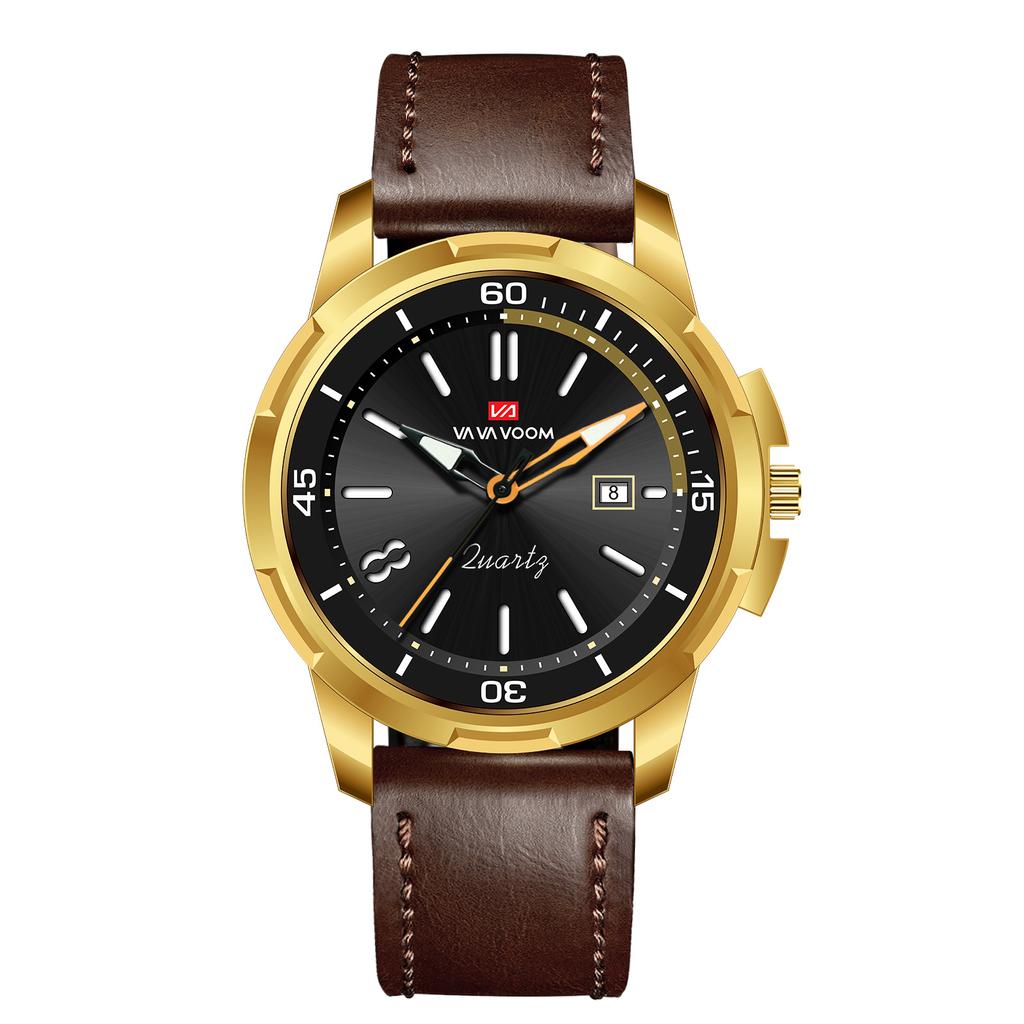 VA VA VOOM Мужские кварцевые часы Business Simple Calendar 30m Водонепроницаемые светящиеся кварцевые часы с кожаным ремешком, модные наручные часы