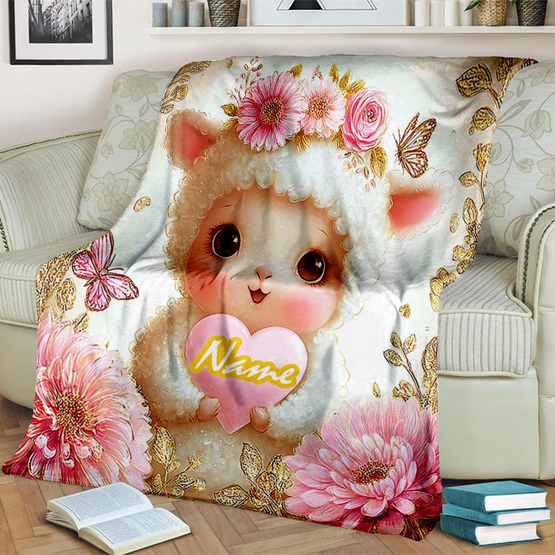 1PC Custom Name Lamb Pink Flowers Flannel blankets Patterns Throw Blanket All-Season Soft Gift for Couch, Bed, Camping gifts
