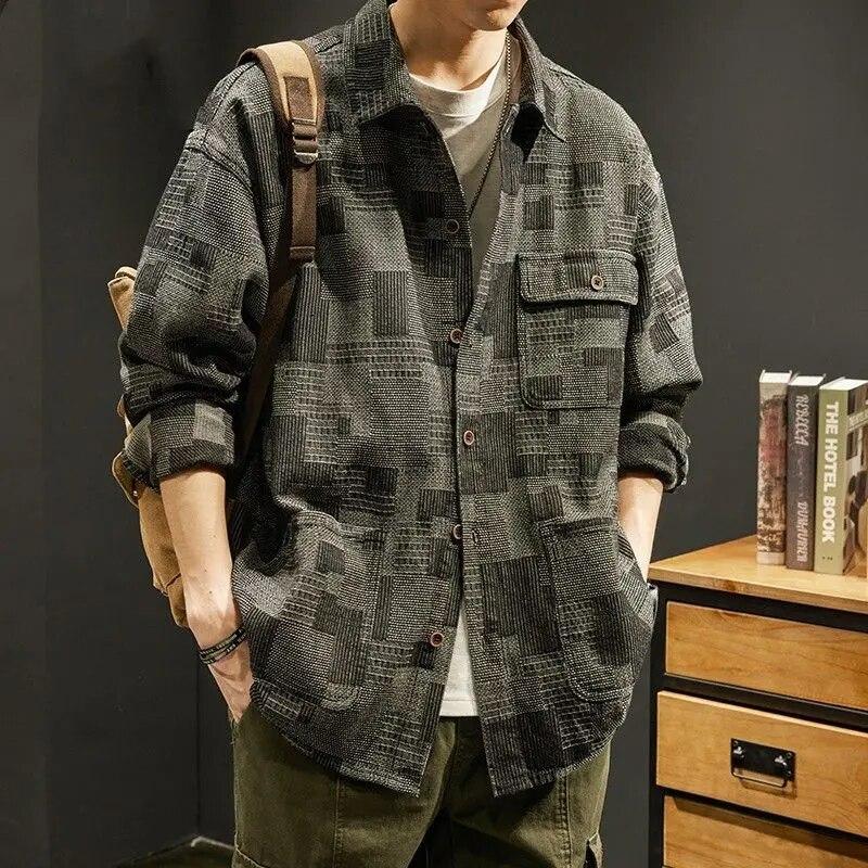 Американские винтажные мужские клетчатые рабочие рубашки, пальто, весенне-осенняя модная новая мужская одежда, повседневные свободные черные, серые куртки с длинными рукавами