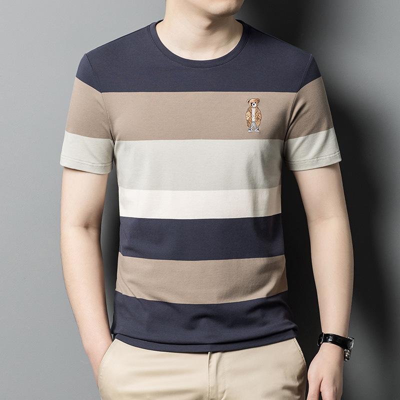 Мужская летняя новая национальная модная полосатая деловая повседневная футболка с вышивкой и короткими рукавами, тонкая майка