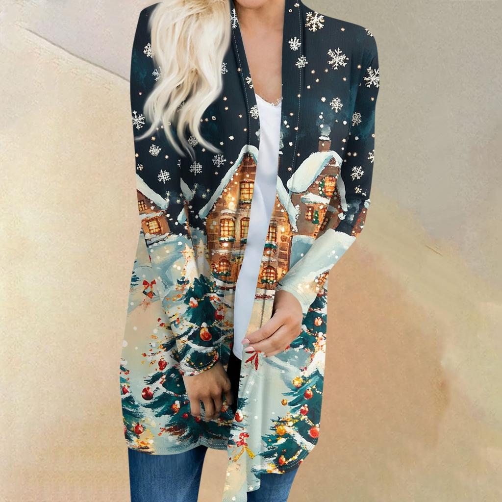 Женская мода повседневная куртка-кардиган средней длины с принтом рождественской елки