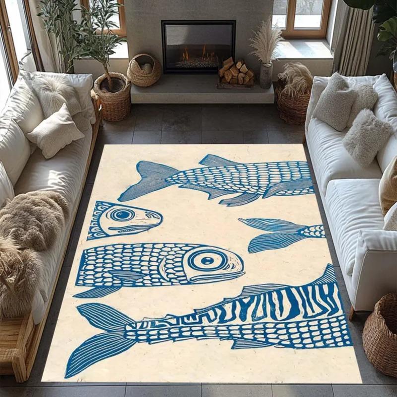Минималистичный ковер для плавания, стилизованная синяя рыба с детализированными узорами, чистый контрастный дизайн для украшения светлой и воздушной комнаты