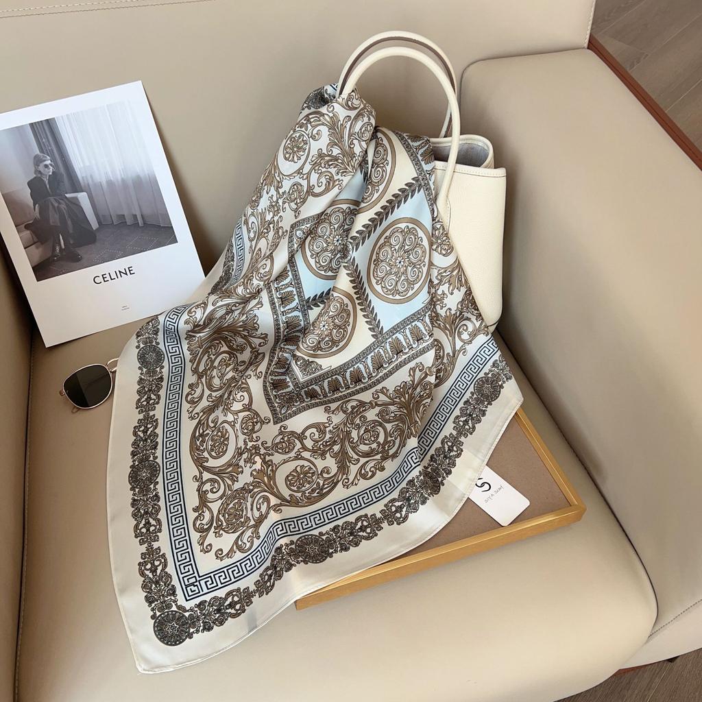 Silk Scarf Female Stripe Black and White Printing Spring and Summer New Decoration Simple Fashion Simulation Silk Square Scarf