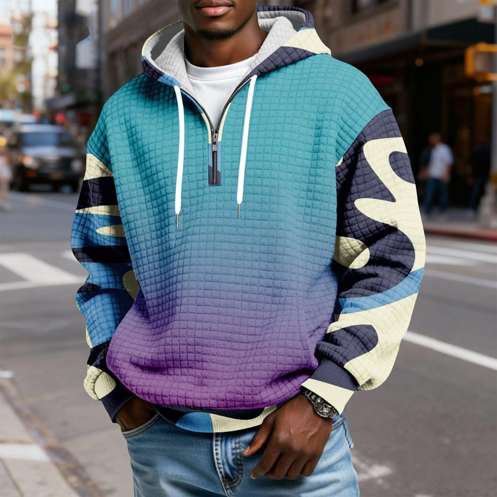 Мужской худи-пуловер в клетку с капюшоном на молнии до середины, со шнурком и принтом, повседневная спортивная толстовка