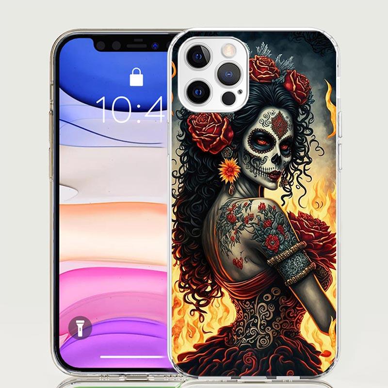 Catrina Beautiful Rose Girl Skull Case Phone Cover for Apple iphone 16 15 14 13 12 Mini 11 Pro Max 16E X XS XR 7 Plus 8 + SE 202