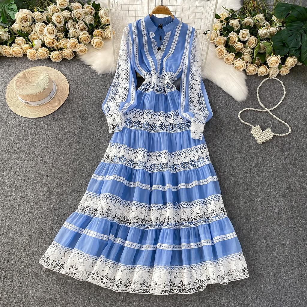 Роскошные Дизайнерские Осенние Вечерние Платья для Выпускного с Ажурной Вышивкой для Женщин, Кружевной Пэчворк, V-образный Вырез, Длинный Рукав-фонарик, Макси-платье