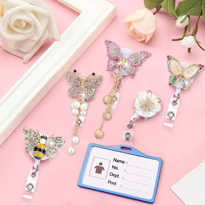 Adjustable 60cm Butterfly Bees Rhinestones Id cards Holder Secure Clip for Workplaces Professional Office Accessories