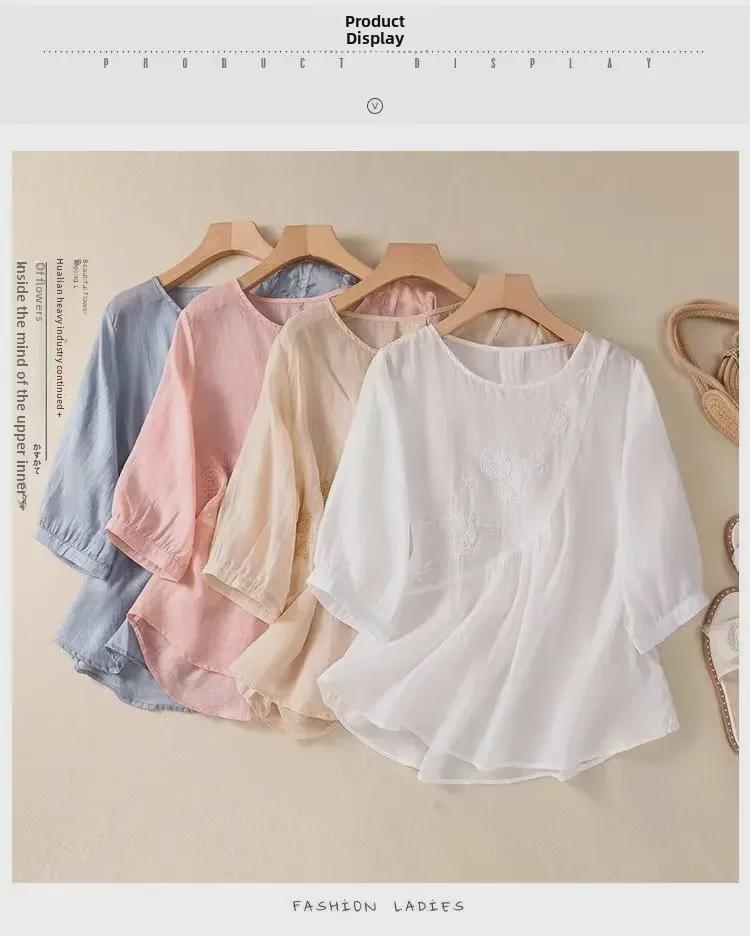 Summer Retro Embroidered Cotton-Linen T-Shirt: Solid Color, Loose Fit, Round Neck