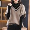 Vest Women V-neck Color Block Sweater 2023 Autumn/Winter Vest Bat Sleeves Loose and Versatile Knitted Sweetheart Pullover Female